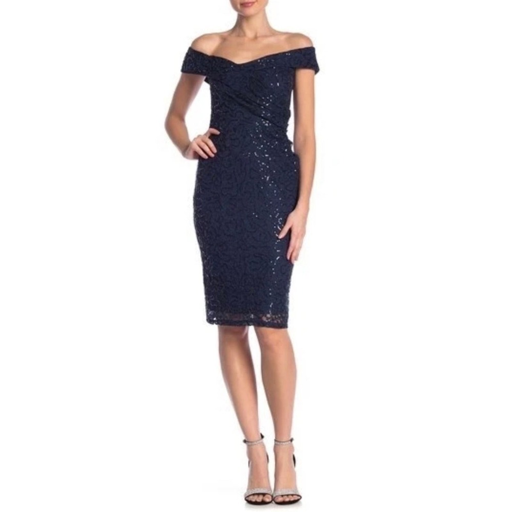 Marina Navy Blue Sequin Lace Off The Shoulder Cocktail Dress Size 14 New